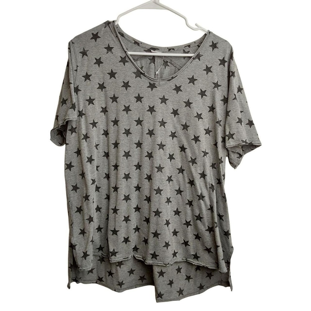 Womens Grey Black Star Print V-Neck Short Sleeve High Low T-Shirt Top